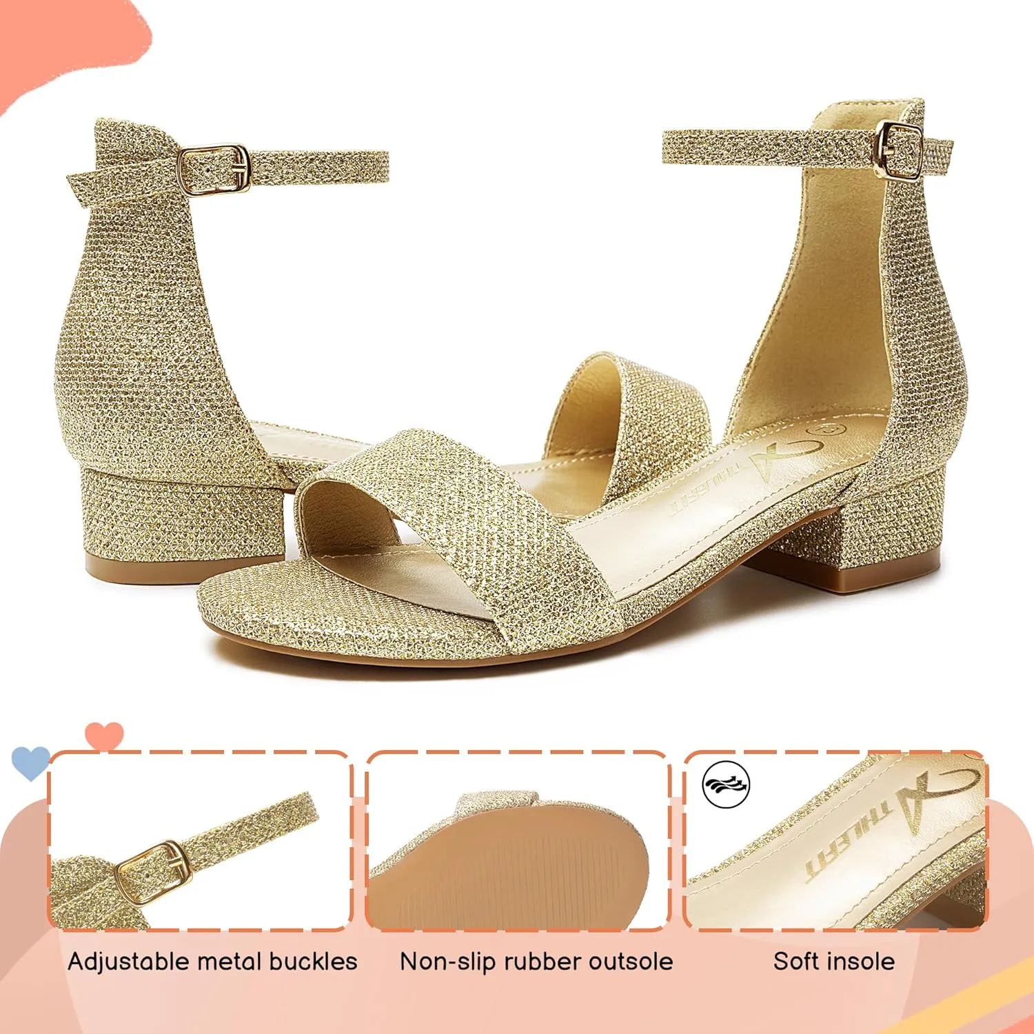 Athlefit Girls Sandals Open Toe Ankle Strap Low Heels Girl Dress Shoes For Toddler Little Big Kid