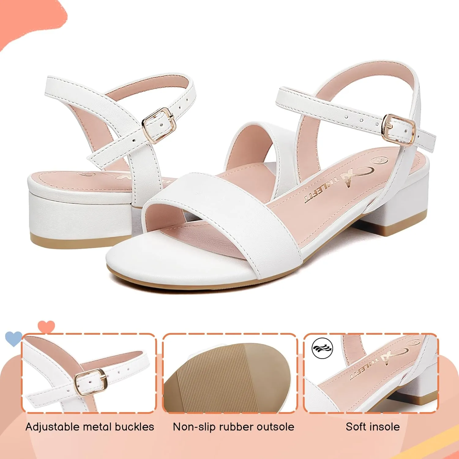 Athlefit Girls Sandals Open Toe Ankle Strap Low Heels Girl Dress Shoes For Toddler Little Big Kid
