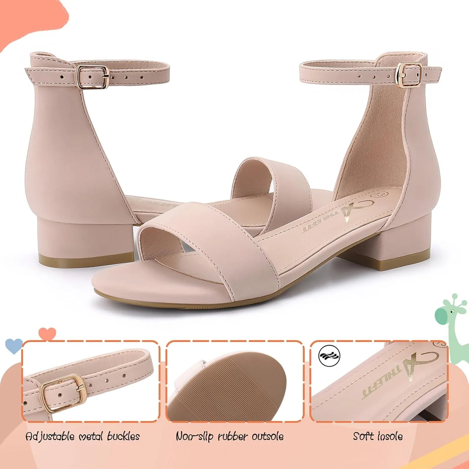Athlefit Girls Sandals Open Toe Ankle Strap Low Heels Girl Dress Shoes For Toddler Little Big Kid