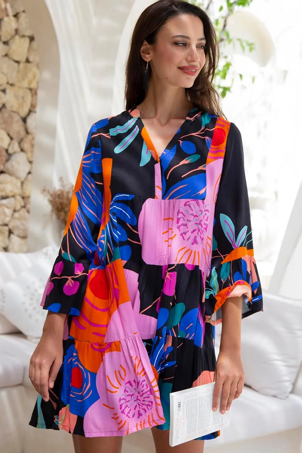 Back From Bali Womens Short Sundress Flowy Boho Beach Dress with Embroidered V Neck, Casual Sexy Summer Party Dress