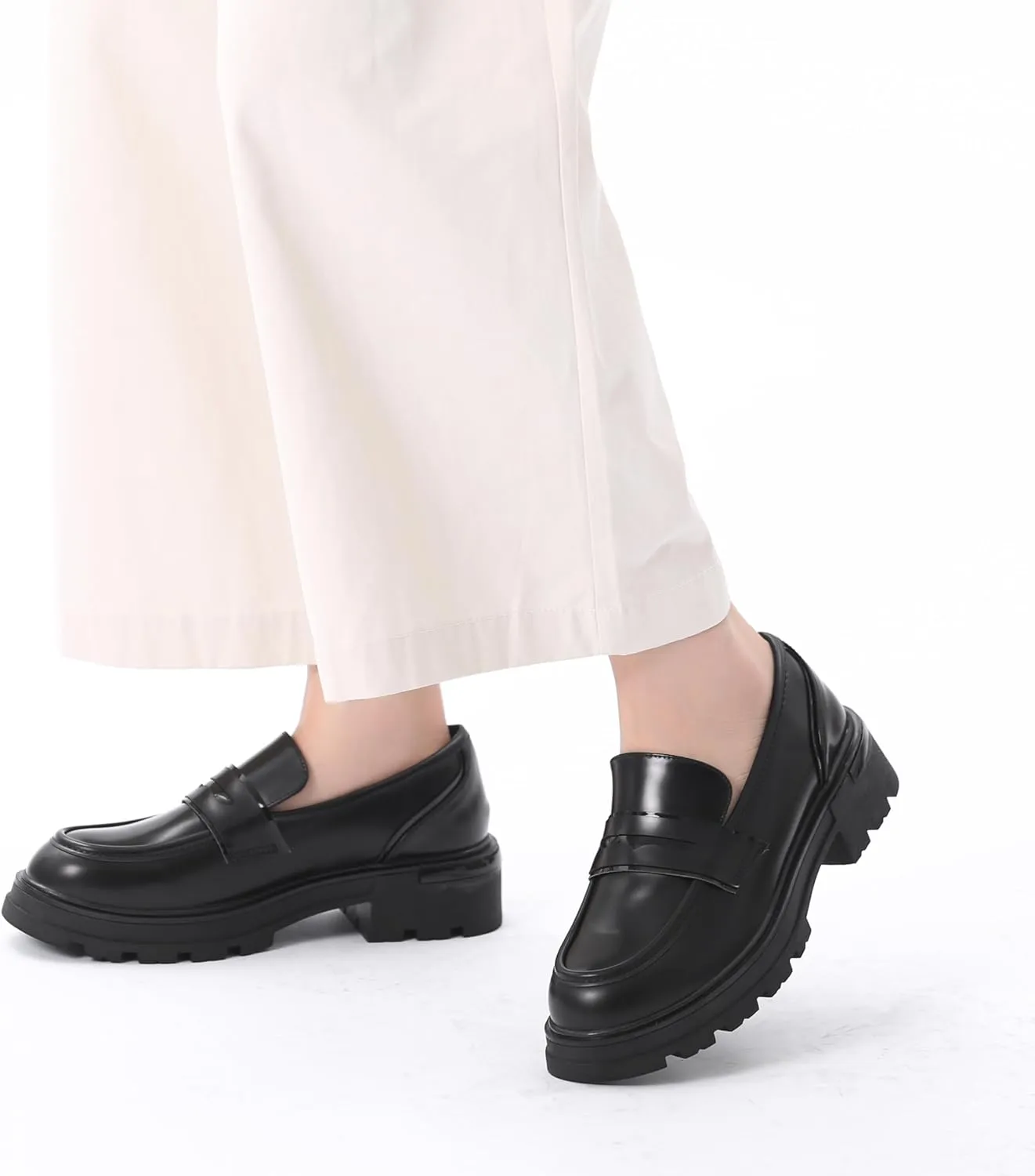 Bernal Women Chunky Platform Loafers Comfy Slip-On Penny Loafers Dressy Shoes Work School Party with Buckle
