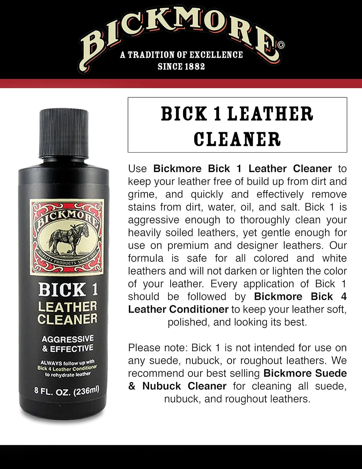 Bick 1 Leather Cleaner 8 oz - Clean Dirt, Oil, Sweat, Salt, and Water Stains from All Colored, White, and Black Leather