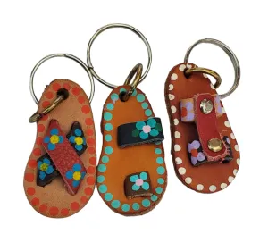 Boho Mexican Leather Sandals, Set of 3 Keychains, Floral Design