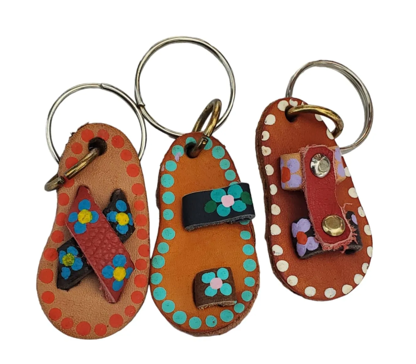 Boho Mexican Leather Sandals, Set of 3 Keychains, Floral Design