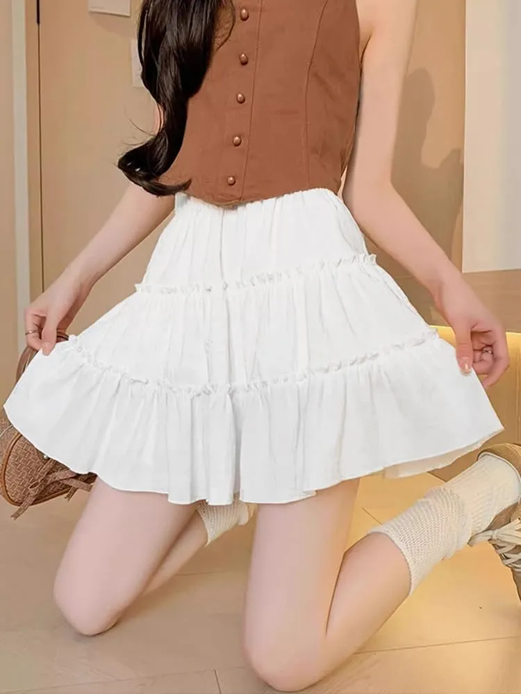BONVEN Womens Summer Pleated Mini Skirt Elastic Waist Layer Ruffle Hem Flowy Fashion A Line Y2k Casual Short Skirt