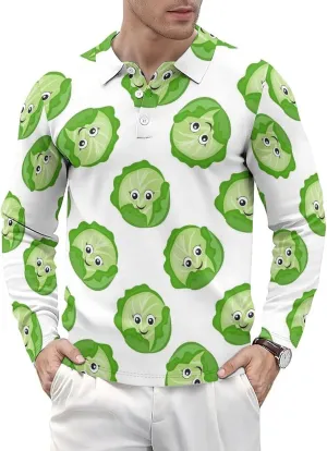 Bright Cabbage Cute Eyes Funny Long Sleeve Polo Shirts for Men, Quick Dry Button Down Casual Golf Shirts Men