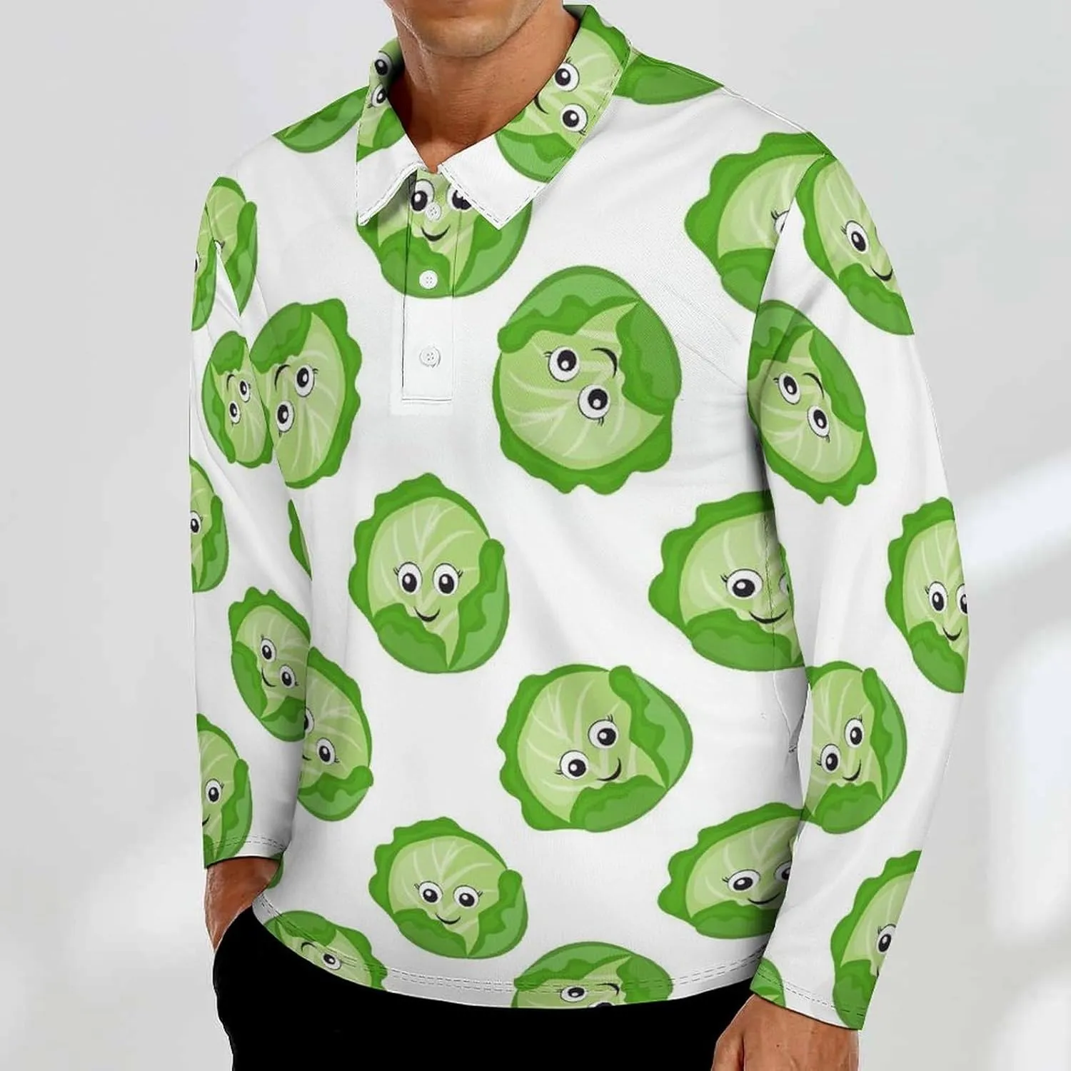 Bright Cabbage Cute Eyes Funny Long Sleeve Polo Shirts for Men, Quick Dry Button Down Casual Golf Shirts Men