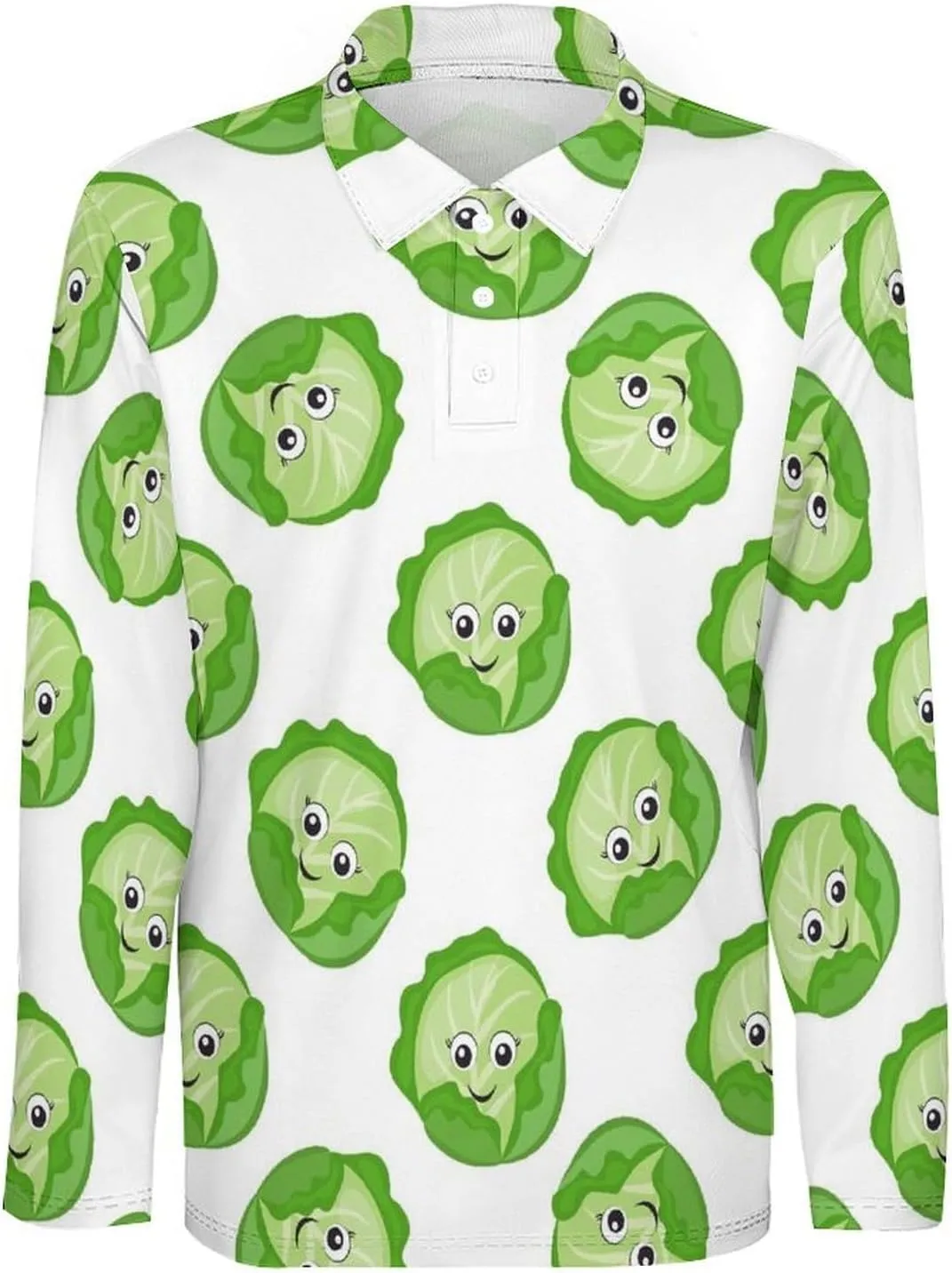 Bright Cabbage Cute Eyes Funny Long Sleeve Polo Shirts for Men, Quick Dry Button Down Casual Golf Shirts Men