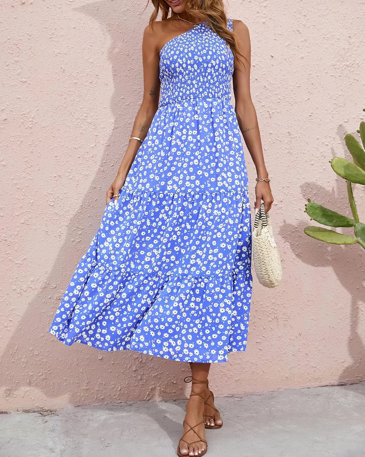BTFBM 2025 Summer One Shoulder Dresses for Women Casual Sleeveless High Waist Floral Flowy Smocked Boho Beach Maxi Dress