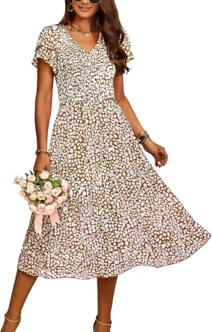 BTFBM Women Casual Summer Short Ruffles Tiered Sleeve Smocked Midi Dresses Bohemian Floral V Neck Wedding Guest Long Dresses