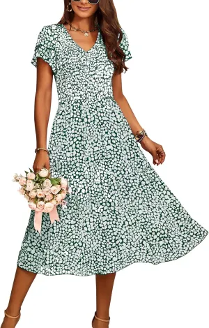 BTFBM Women Casual Summer Short Ruffles Tiered Sleeve Smocked Midi Dresses Bohemian Floral V Neck Wedding Guest Long Dresses