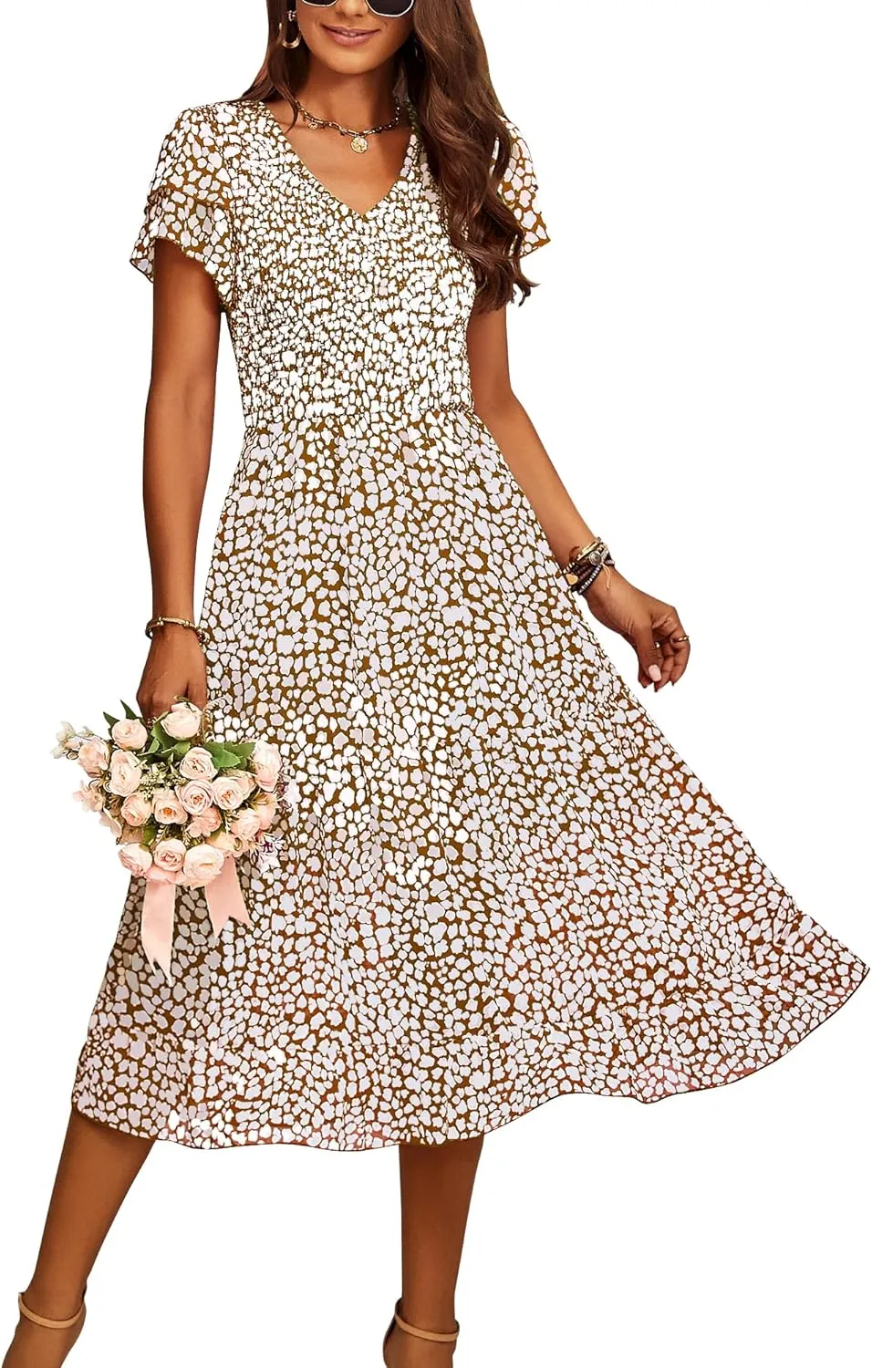 BTFBM Women Casual Summer Short Ruffles Tiered Sleeve Smocked Midi Dresses Bohemian Floral V Neck Wedding Guest Long Dresses