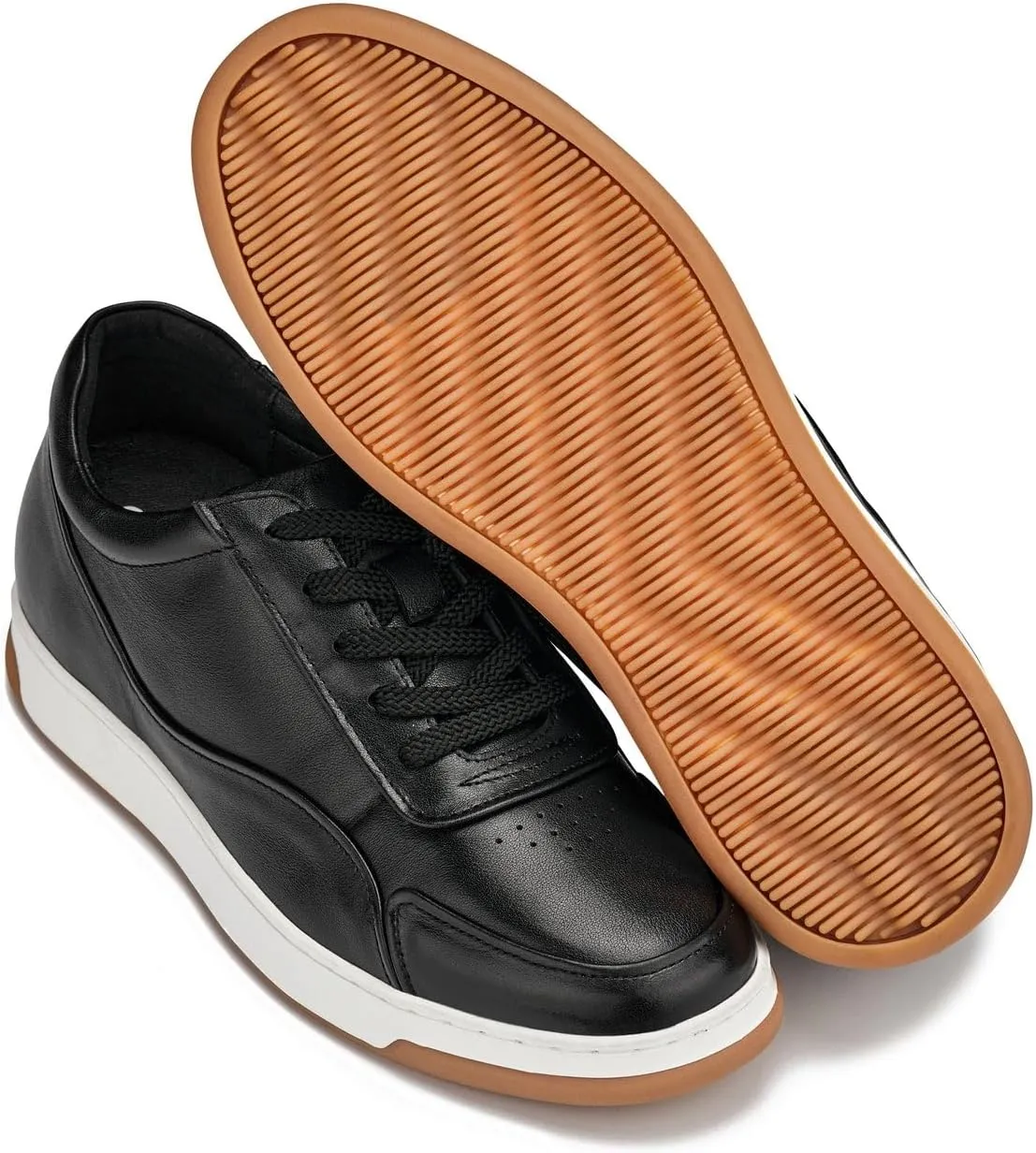CALTO Men's Invisible Height Increasing Elevator Shoes - Black Premium Leather Leather Lace-up Fashion Sneakers - 2.6 Inches Taller - Y7885 - Size 11 D(M) US