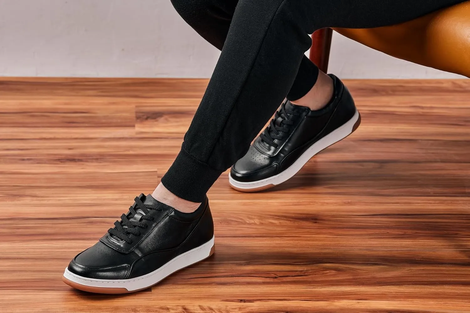 CALTO Men's Invisible Height Increasing Elevator Shoes - Black Premium Leather Leather Lace-up Fashion Sneakers - 2.6 Inches Taller - Y7885 - Size 11 D(M) US