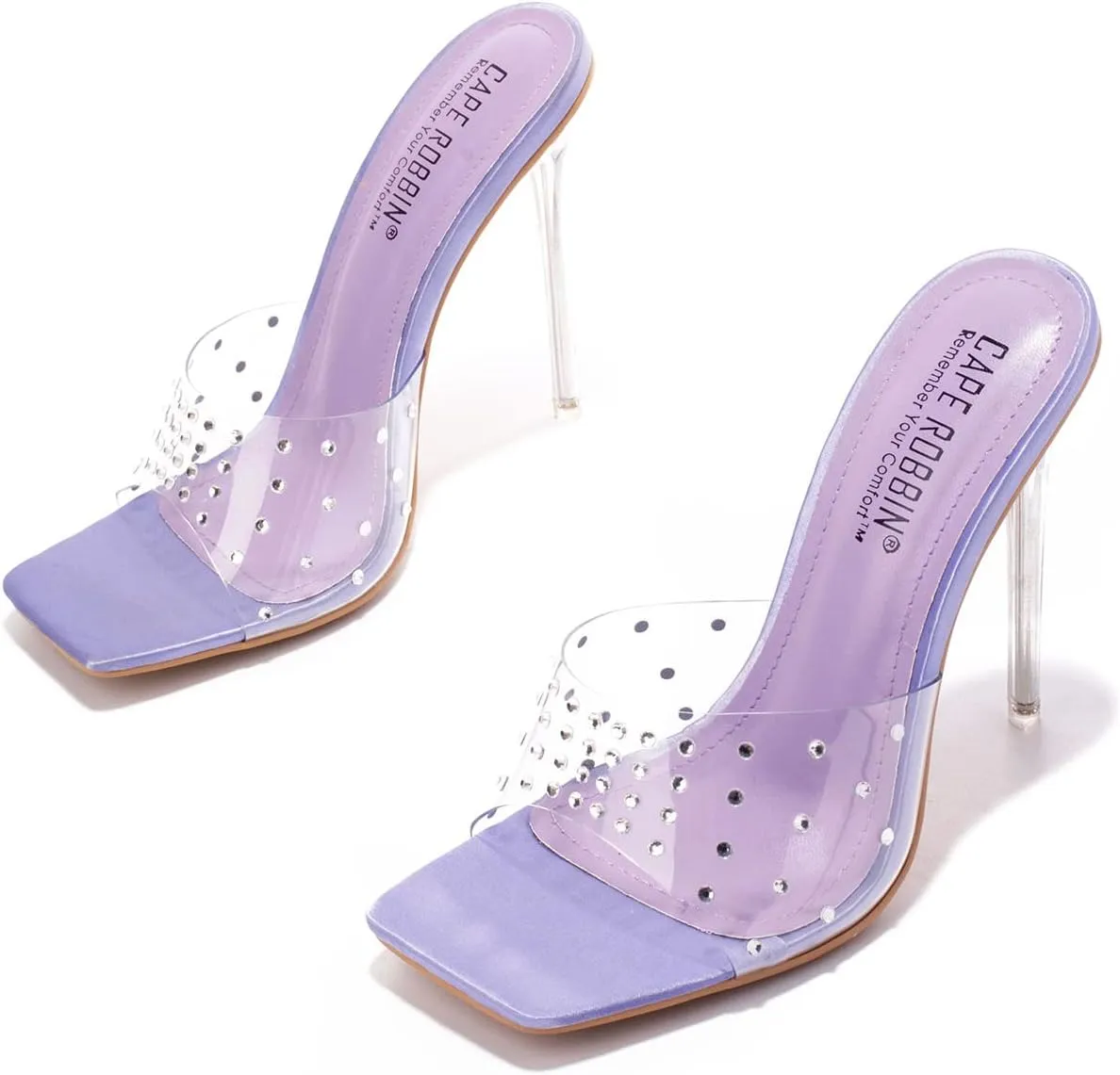 Cape Robbin Women's Stiletto Heel Sandals - Rhinestone-Embellished Clear Slip-On Dress Shoes with Transparent Strap & Open Toe (Brisa)