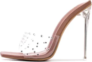 Cape Robbin Women's Stiletto Heel Sandals - Rhinestone-Embellished Clear Slip-On Dress Shoes with Transparent Strap & Open Toe (Brisa)