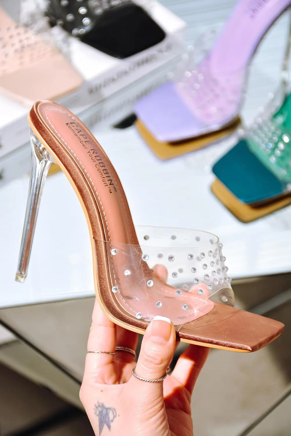 Cape Robbin Women's Stiletto Heel Sandals - Rhinestone-Embellished Clear Slip-On Dress Shoes with Transparent Strap & Open Toe (Brisa)