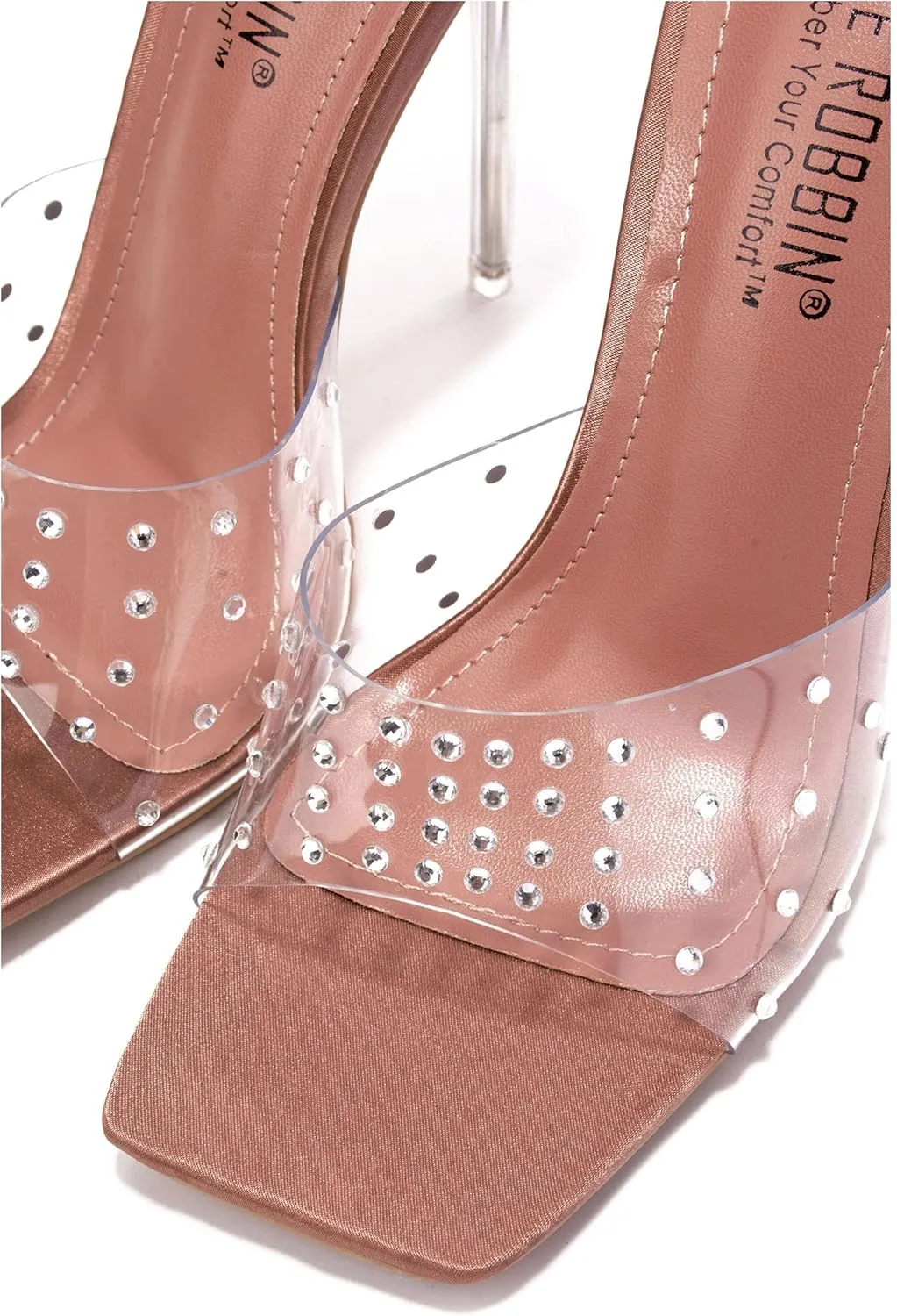 Cape Robbin Women's Stiletto Heel Sandals - Rhinestone-Embellished Clear Slip-On Dress Shoes with Transparent Strap & Open Toe (Brisa)