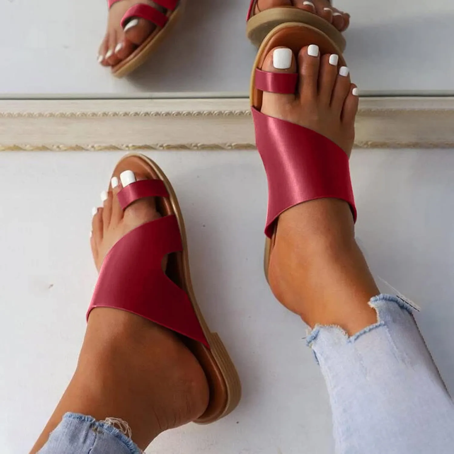 Casual Women’s Slip-On Sandals Open Slip-Toe Slides Summer Daily Dressy Flat Slippers Footwear with Cross Strap