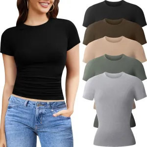 CE' CERDR 3/5 Pack Womens T Shirts Crew Neck Short Sleeve Shirts for Women Casual Basic Fitted Stretchy Tee Tops