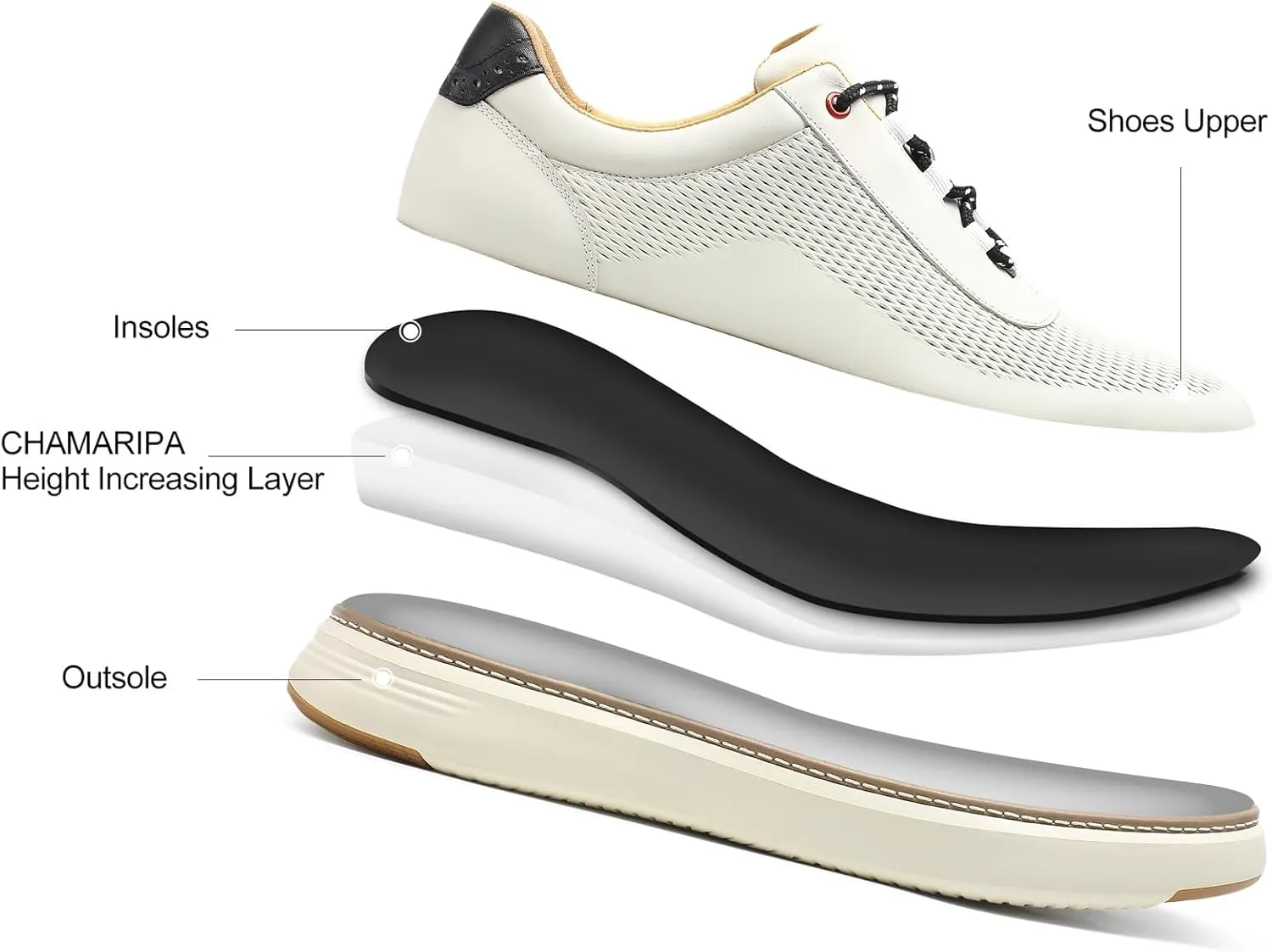 CHAMARIPA Hidden Heel Premium Leather Height Increase Low-Top Skate Shoes Men's Invisible Height Increasing Elevator Casual Fashion Sneaker