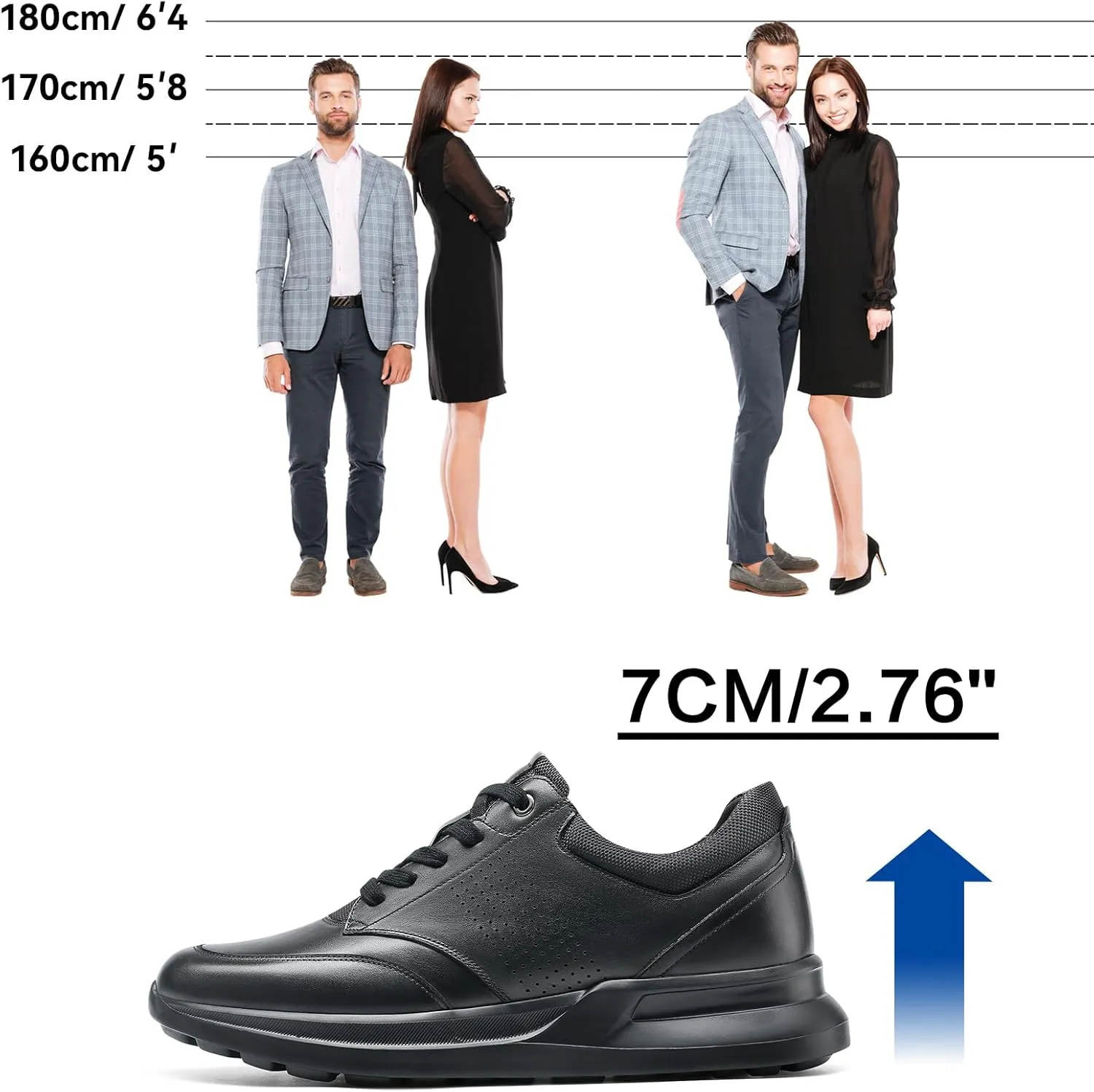 CHAMARIPA Hidden Heel Premium Leather Height Increase Low-Top Skate Shoes Men's Invisible Height Increasing Elevator Casual Fashion Sneaker