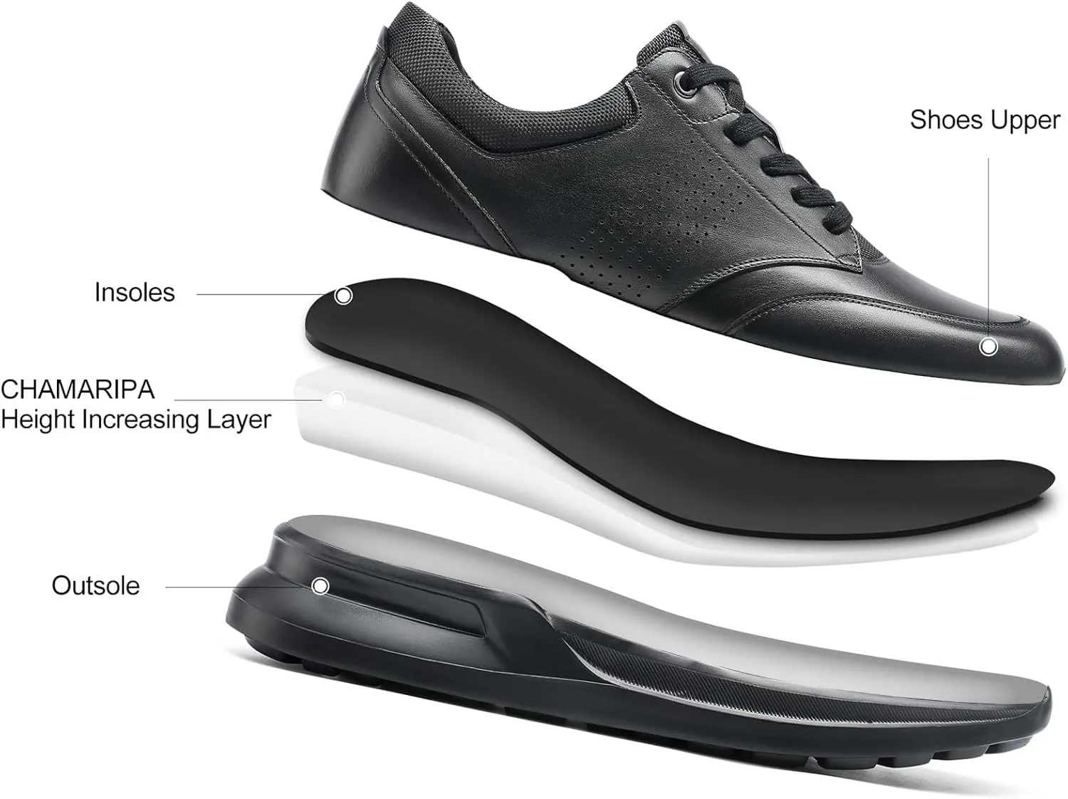 CHAMARIPA Hidden Heel Premium Leather Height Increase Low-Top Skate Shoes Men's Invisible Height Increasing Elevator Casual Fashion Sneaker