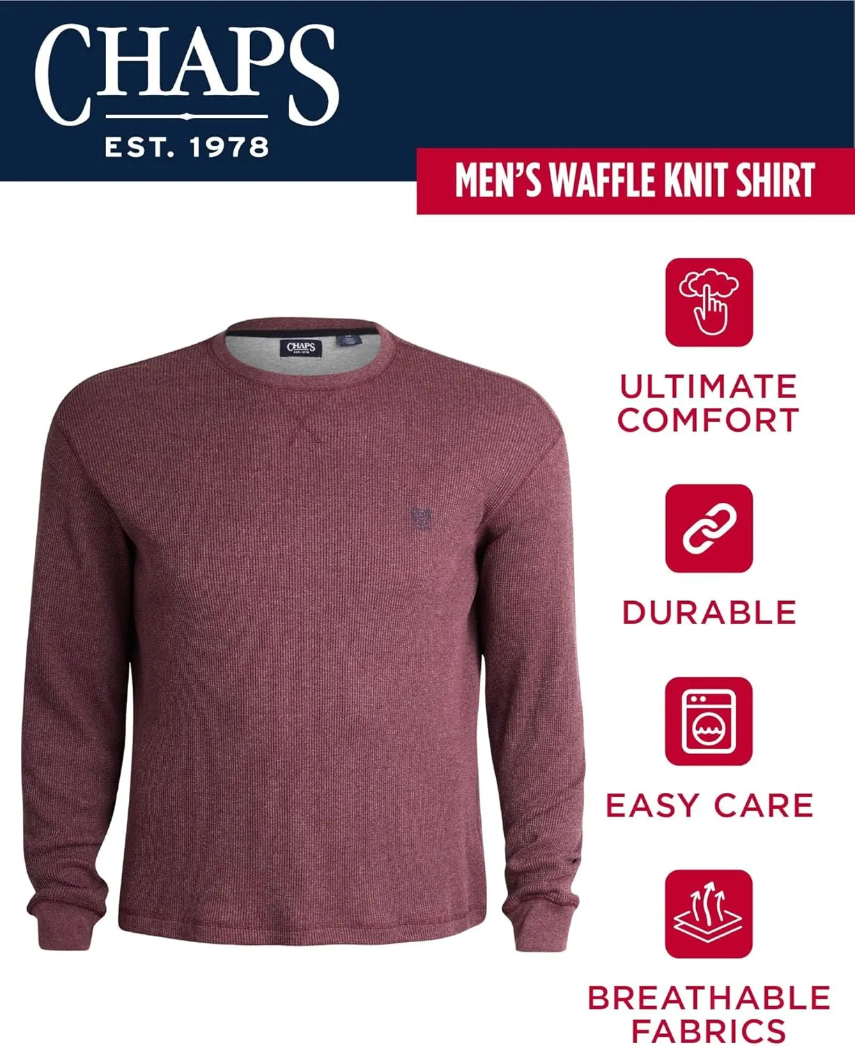 Chaps Men's Long Sleeve Shirt - Casual Thermal Crewneck Shirt - Waffle Knit Shirt for Men (M-XXL)