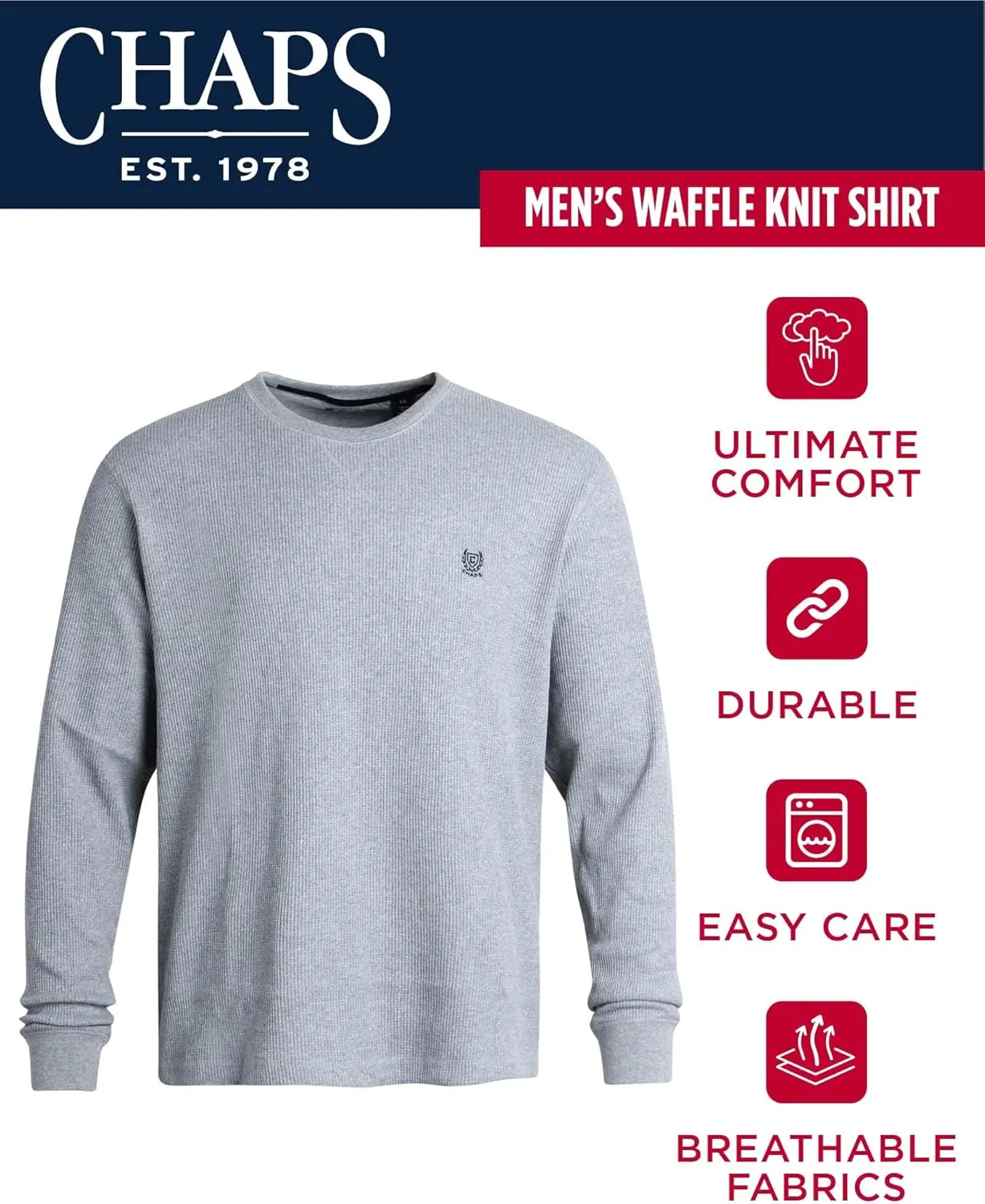 Chaps Men's Long Sleeve Shirt - Casual Thermal Crewneck Shirt - Waffle Knit Shirt for Men (M-XXL)