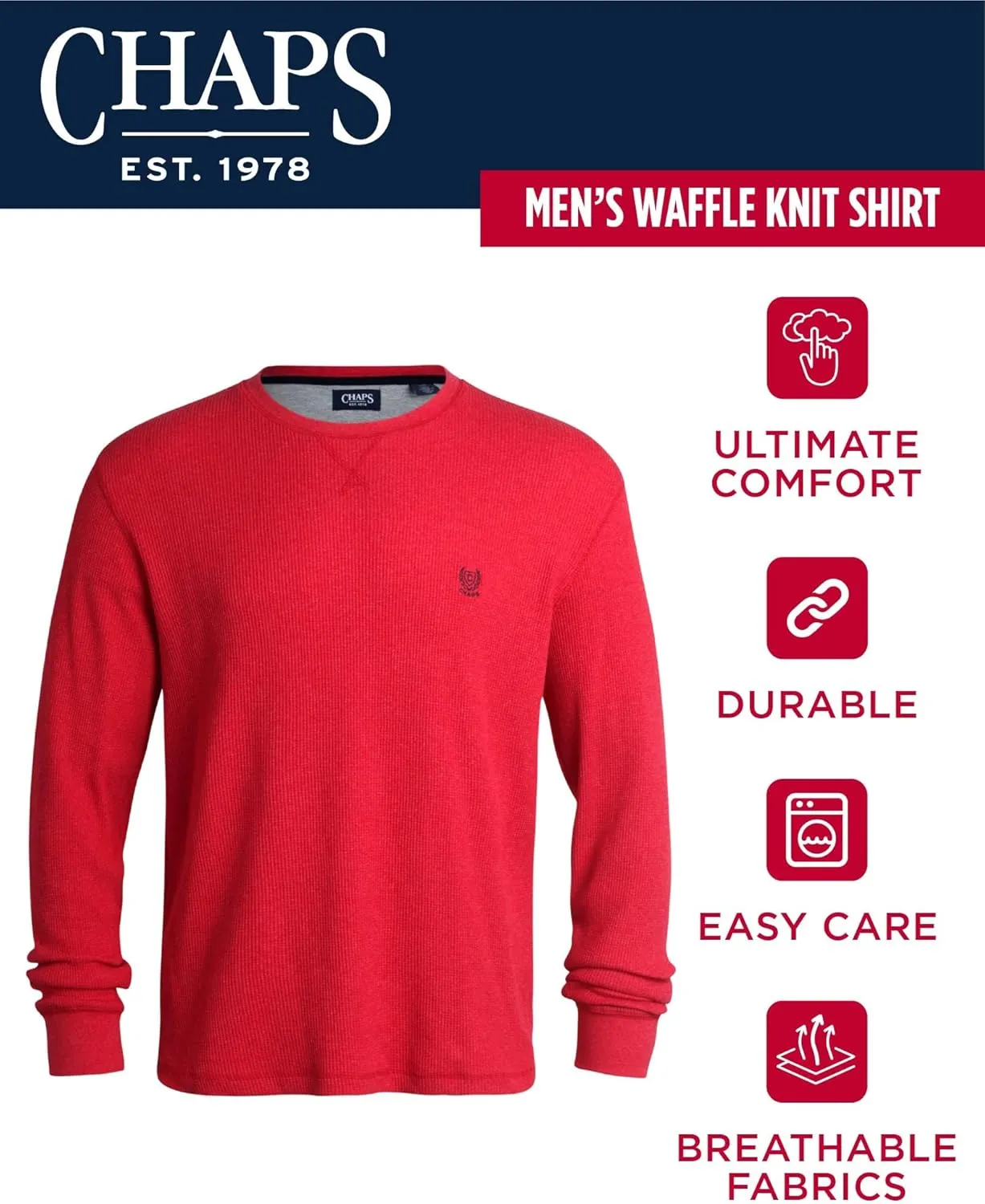 Chaps Men's Long Sleeve Shirt - Casual Thermal Crewneck Shirt - Waffle Knit Shirt for Men (M-XXL)