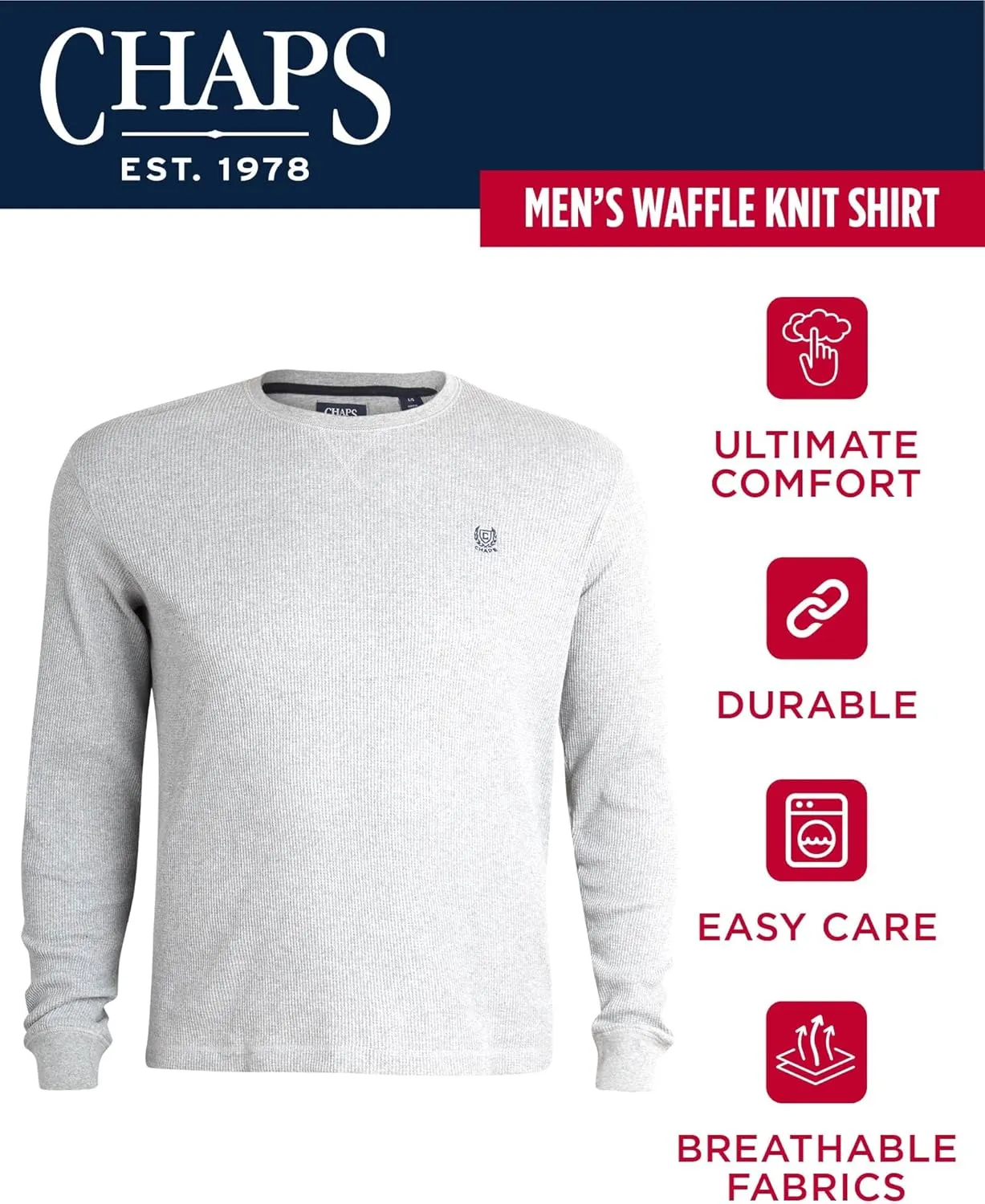Chaps Men's Long Sleeve Shirt - Casual Thermal Crewneck Shirt - Waffle Knit Shirt for Men (M-XXL)