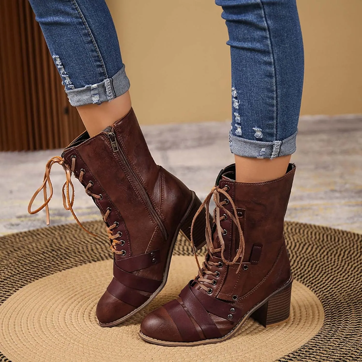 Chunky Boots for Women Mid Calf Winter Vintage Pointed Toe Cross Lace Up Zipper Block Mid Heel Boots Retro Splicing Casual Ladies Shoes