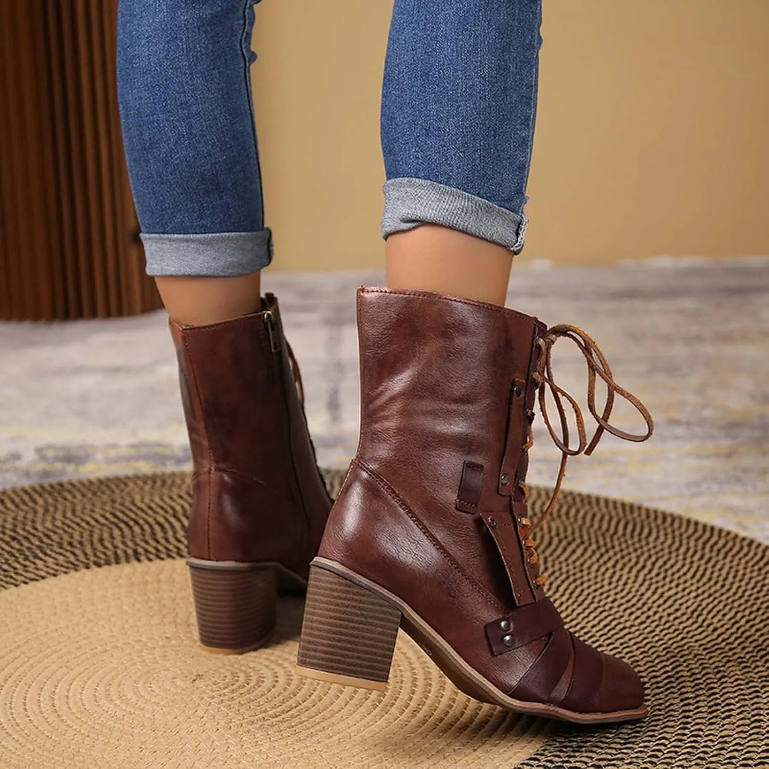 Chunky Boots for Women Mid Calf Winter Vintage Pointed Toe Cross Lace Up Zipper Block Mid Heel Boots Retro Splicing Casual Ladies Shoes