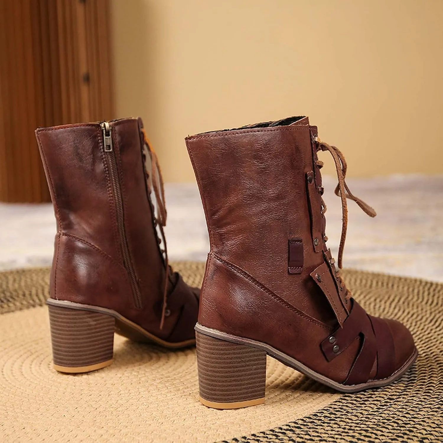 Chunky Boots for Women Mid Calf Winter Vintage Pointed Toe Cross Lace Up Zipper Block Mid Heel Boots Retro Splicing Casual Ladies Shoes