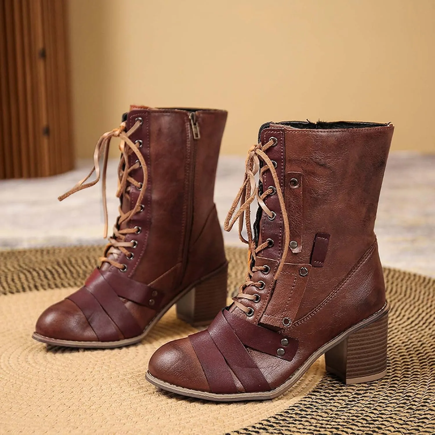 Chunky Boots for Women Mid Calf Winter Vintage Pointed Toe Cross Lace Up Zipper Block Mid Heel Boots Retro Splicing Casual Ladies Shoes