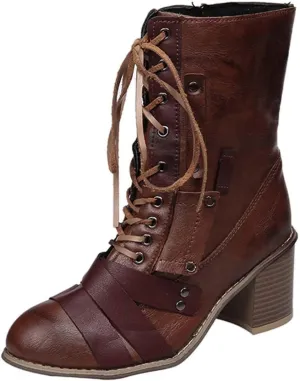 Chunky Boots for Women Mid Calf Winter Vintage Pointed Toe Cross Lace Up Zipper Block Mid Heel Boots Retro Splicing Casual Ladies Shoes