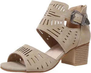 Chunky Heeled Sandals for Women Open Toe Bohemian Cutout Summer Block Heeled Sandals Slingback Low Heel Ankle Buckle Strap Booties Elegant Trendy Comfortable Lightweight Sandal Work Wedding Going Out