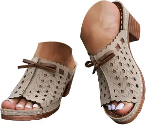 Chunky Heels Sandals for Women 2025 Arch Support Peep Toe Cutout Lace Up Bow Low Mid Heel Slip On Block Sandal Ladies Comfy Summer Slides Orthopedic Casual Shoes for Outdoor Indoor Daily Wear