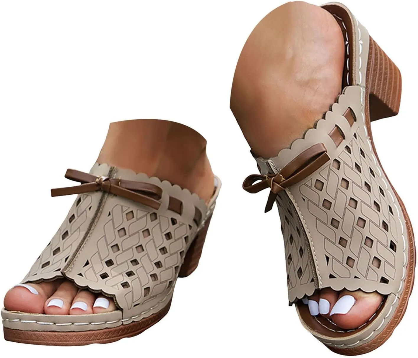 Chunky Heels Sandals for Women 2025 Arch Support Peep Toe Cutout Lace Up Bow Low Mid Heel Slip On Block Sandal Ladies Comfy Summer Slides Orthopedic Casual Shoes for Outdoor Indoor Daily Wear