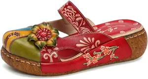 Clogs for Women Sandals Summer Leather Slippers Slip on Mules Flat Sandals Outdoor Anti Slip Platform Sandals Shoes Platform Colorful Handmade Flower Backless Loafer Shoes