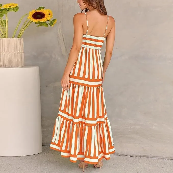 Colorful Dress for Women Striped Sleeveless Spaghetti Straps Flowy Aline Maxi Dress Summer Boho Beach Sundress
