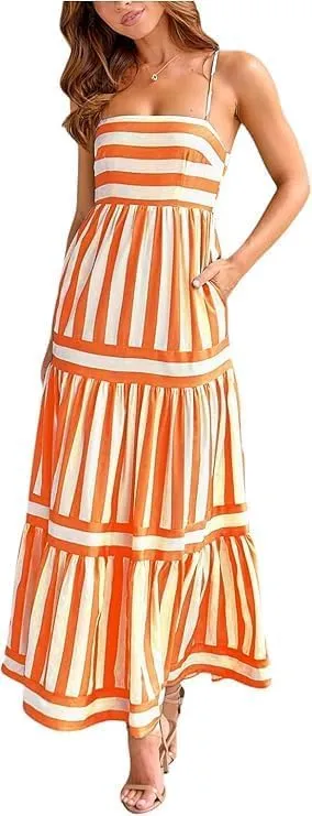 Colorful Dress for Women Striped Sleeveless Spaghetti Straps Flowy Aline Maxi Dress Summer Boho Beach Sundress