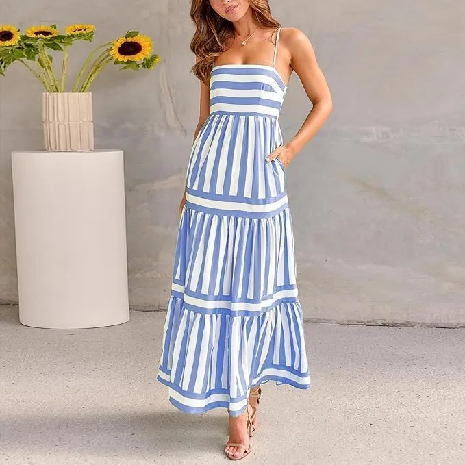 Colorful Dress for Women Striped Sleeveless Spaghetti Straps Flowy Aline Maxi Dress Summer Boho Beach Sundress