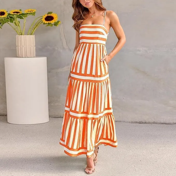 Colorful Dress for Women Striped Sleeveless Spaghetti Straps Flowy Aline Maxi Dress Summer Boho Beach Sundress
