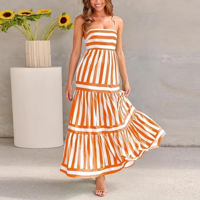 Colorful Dress for Women Striped Sleeveless Spaghetti Straps Flowy Aline Maxi Dress Summer Boho Beach Sundress