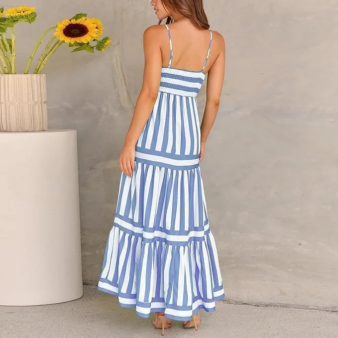 Colorful Dress for Women Striped Sleeveless Spaghetti Straps Flowy Aline Maxi Dress Summer Boho Beach Sundress