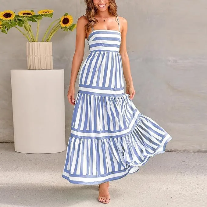 Colorful Dress for Women Striped Sleeveless Spaghetti Straps Flowy Aline Maxi Dress Summer Boho Beach Sundress