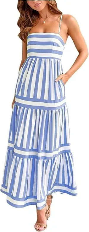 Colorful Dress for Women Striped Sleeveless Spaghetti Straps Flowy Aline Maxi Dress Summer Boho Beach Sundress