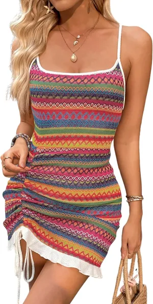 CORIRESHA Women's Sexy Tie Backless Drawstring Sleeveless Knit Colorful Embroidery Mini Dress
