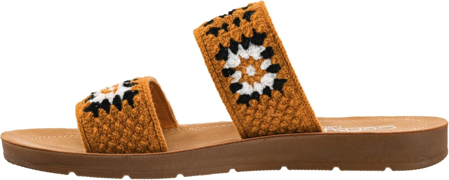 Corkys Footwear Toodles Double Strap Sandal - Featuring Two Colorful Crocheted Straps, A Comfy and Cushioned Insole, Easy and Convenient Slip-On design